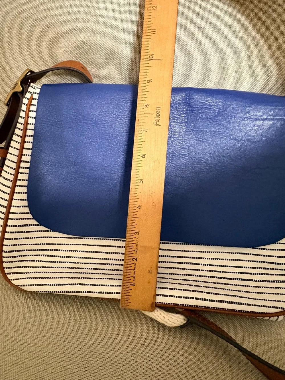 Fossil Cowhide Leather Nautical Stripe Shoulder Bag Blue White Adjustable Strap
